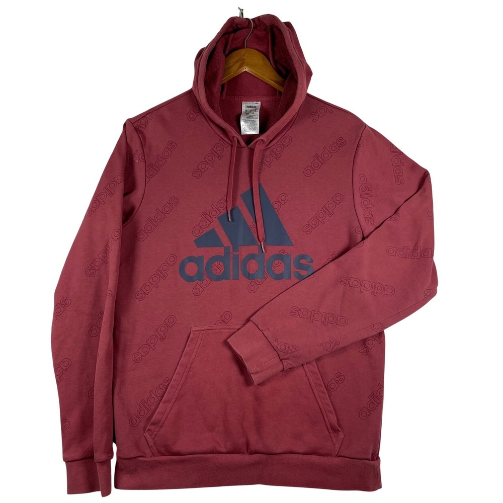 Adidas Mens All Over Print Logo Hoodie Maroon Burgundy Sweatshirt Medium